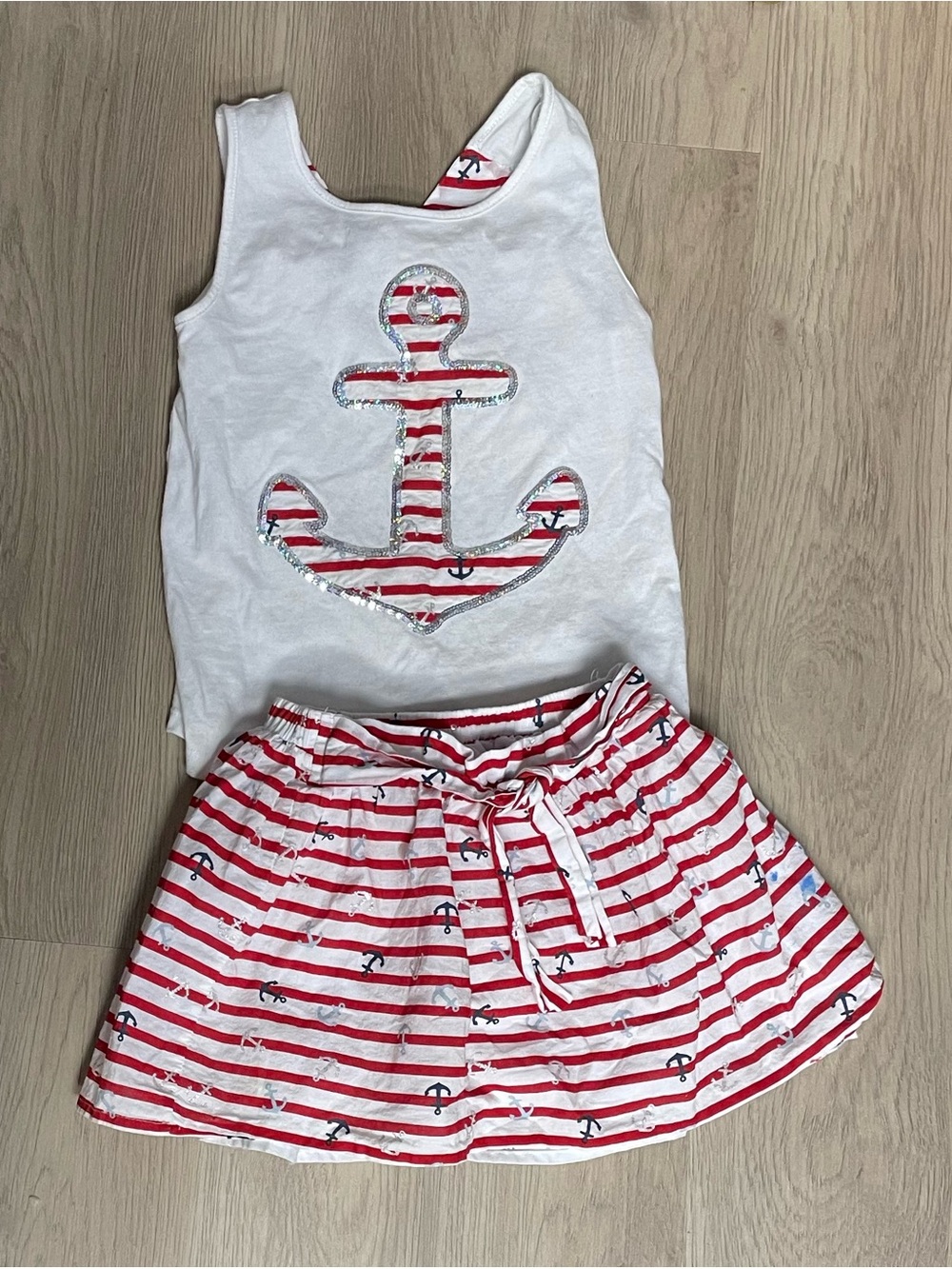 Max Studio Girls 2 Piece Nautical Anchor Striped Red White Top Skirt Set 7/8